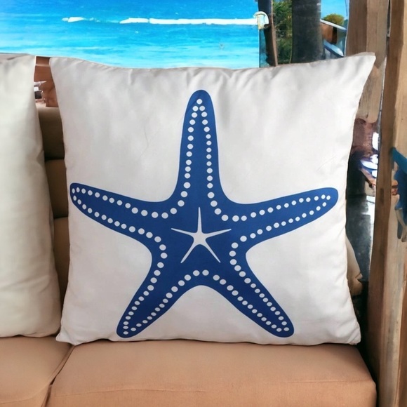 Pillow Cover Coastal Starfish Nautical Beach Zip Square White Blue 17.7 X 17.7 - Picture 12 of 13
